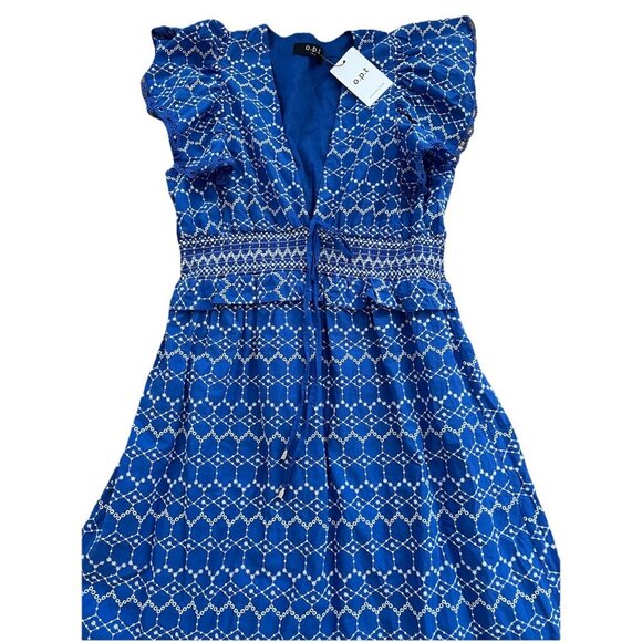 O.P.T Jardin Dress Eyelet Blue V-neck Cotton Midi Women Dress Large - Picture 8 of 11